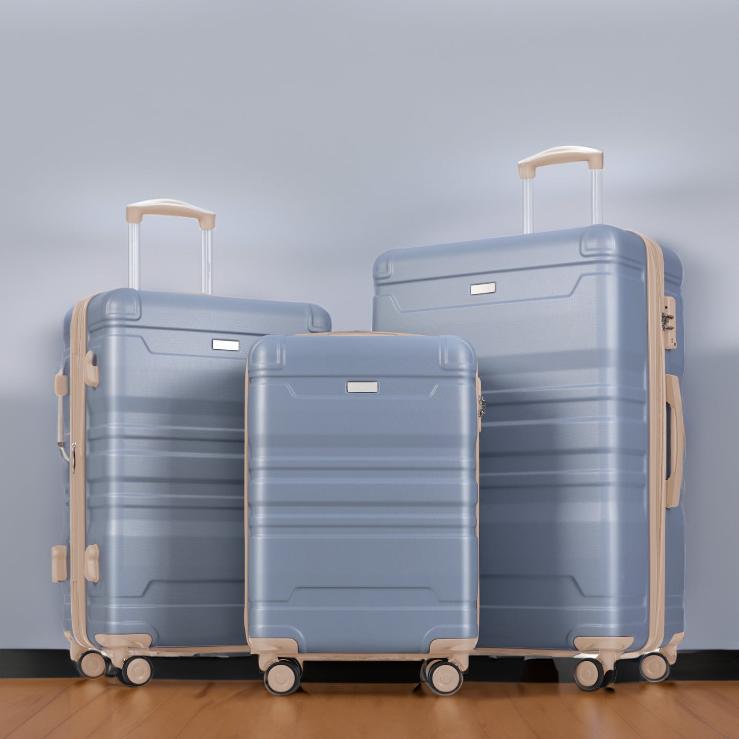 3Pc Hard Case Expandable Luggage Set (Light Blue And Golden)