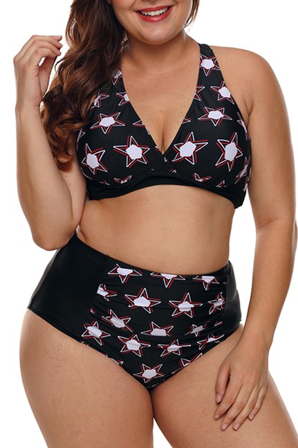 2pcs Starry Plus Size High Waisted Bathing Suit - Black