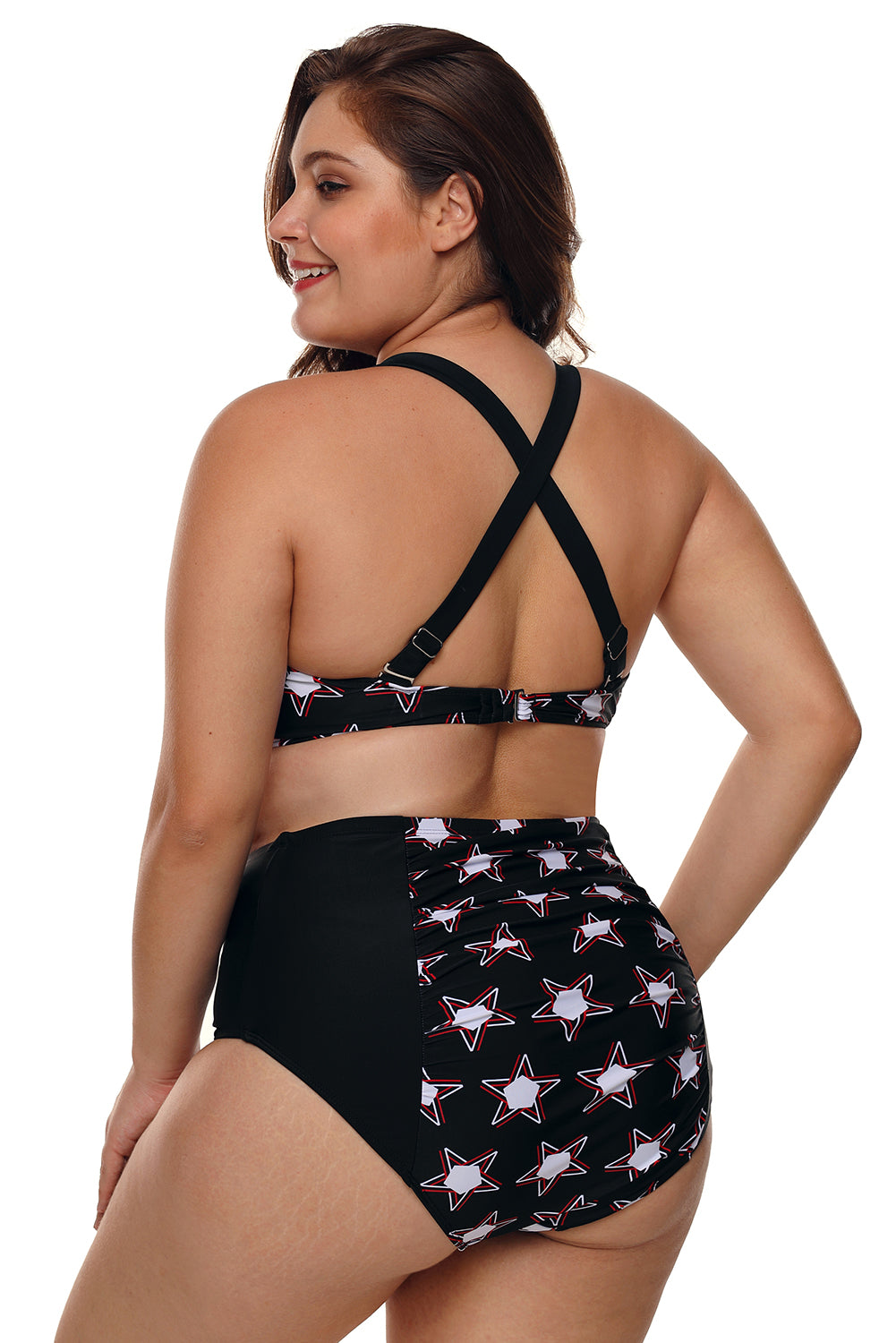 2pcs Starry Plus Size High Waisted Bathing Suit - Black