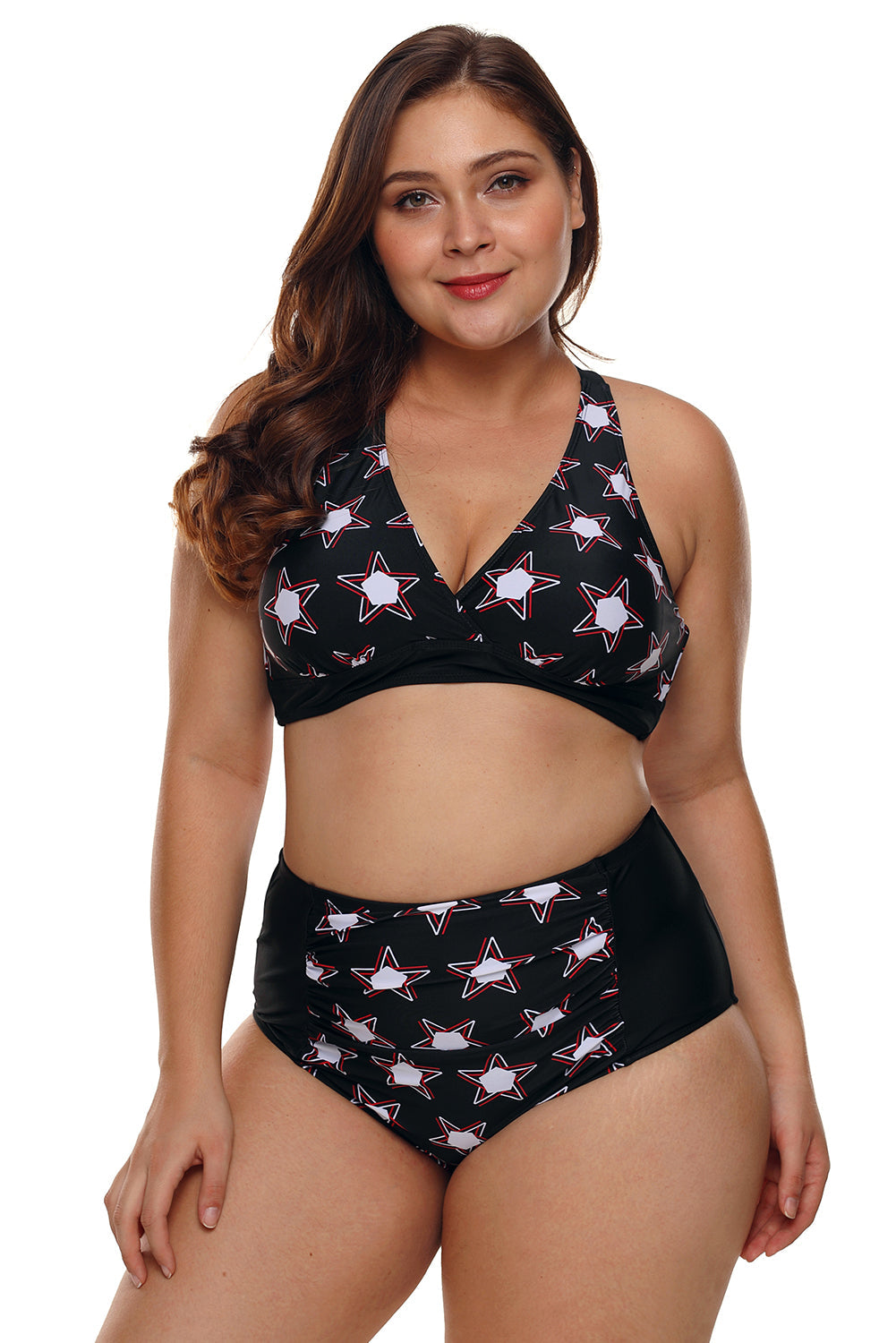2pcs Starry Plus Size High Waisted Bathing Suit - Black