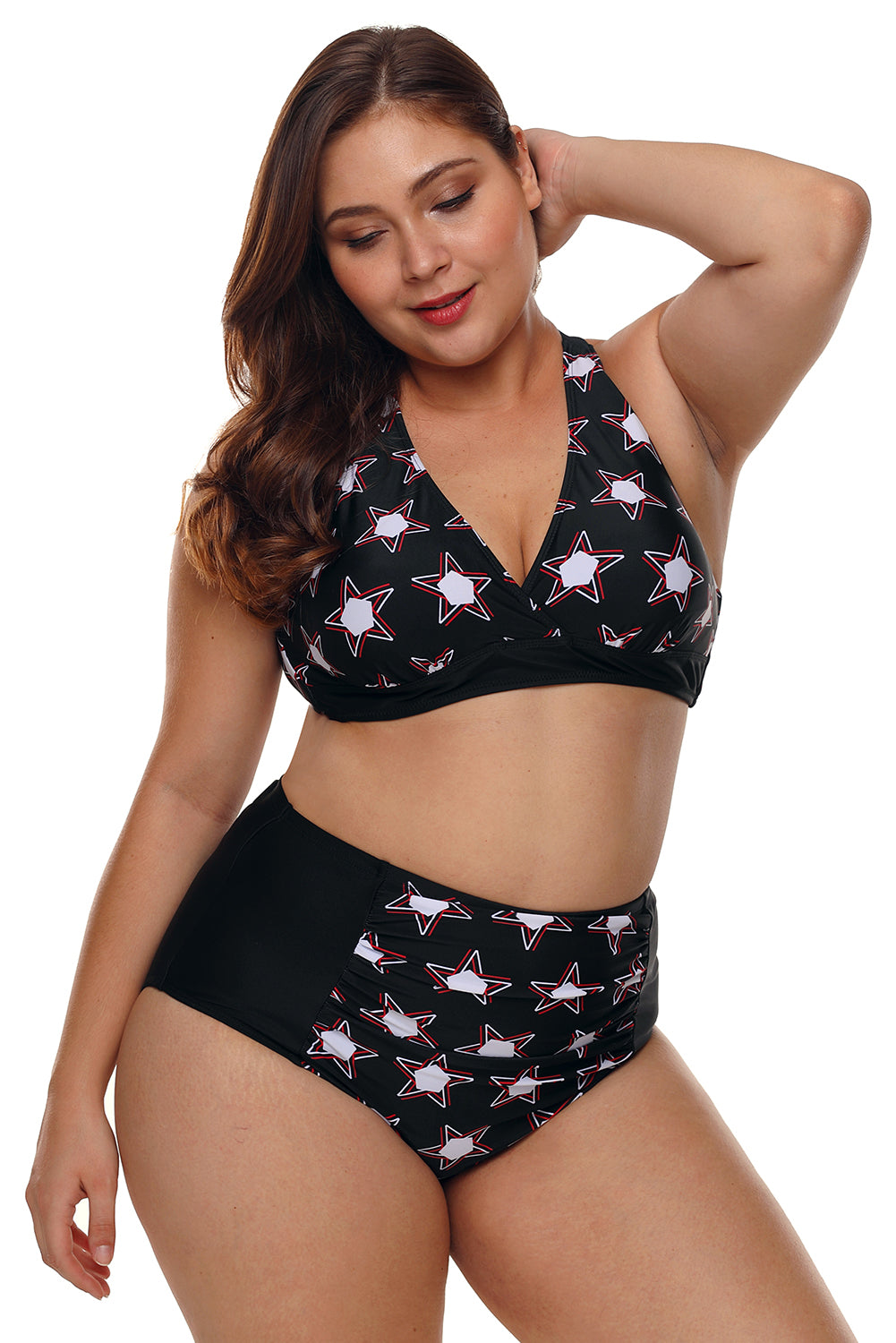 2pcs Starry Plus Size High Waisted Bathing Suit - Black