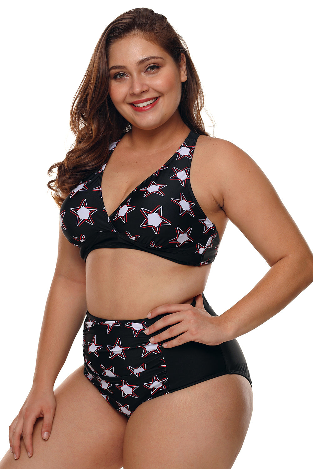 2pcs Starry Plus Size High Waisted Bathing Suit - Black