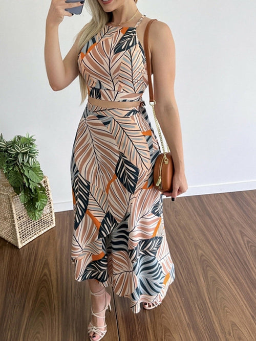 Sleeveless Top And Long Skirt Fashion Print Lace-Up Set