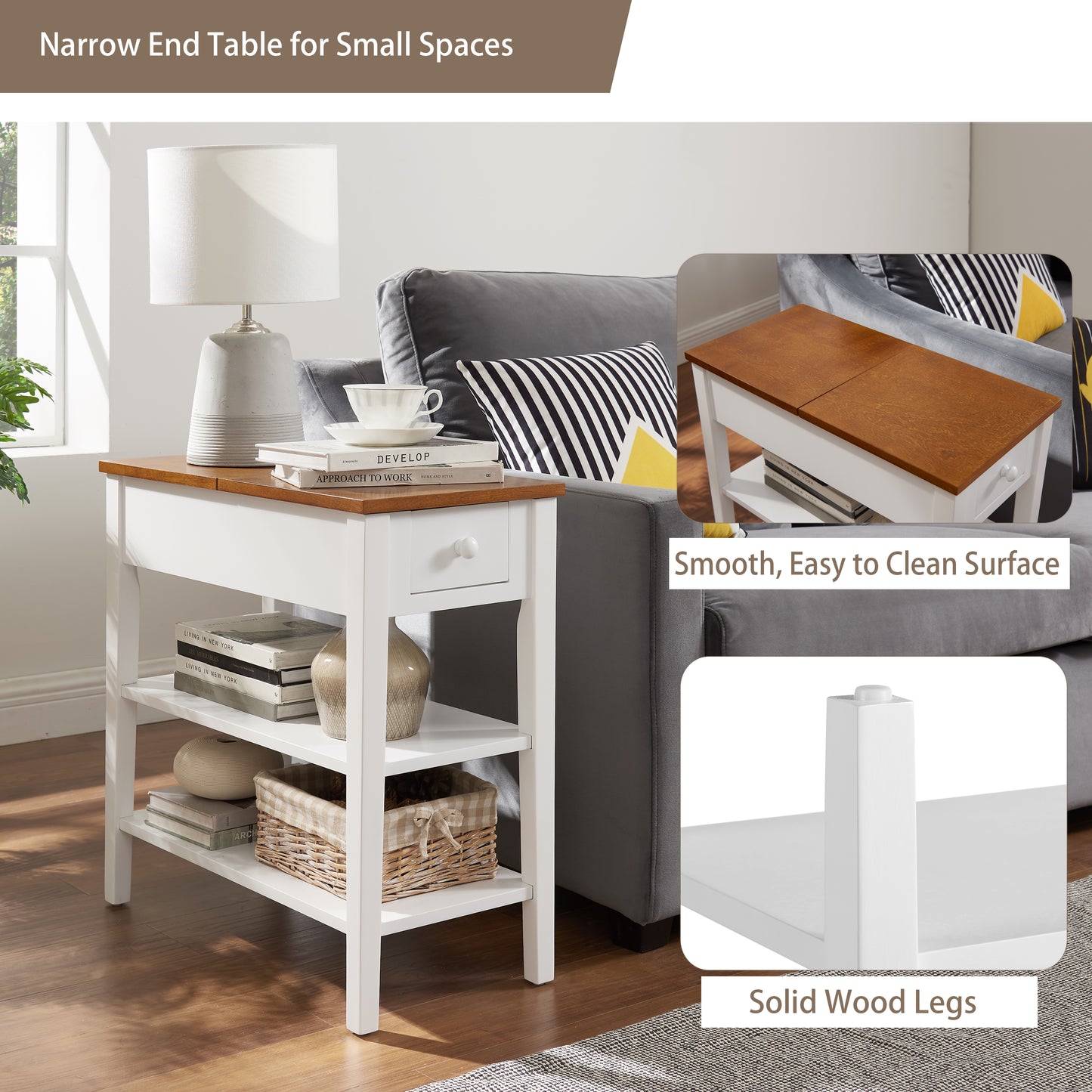 Narrow 2-Tone End Table with USB Charging Ports