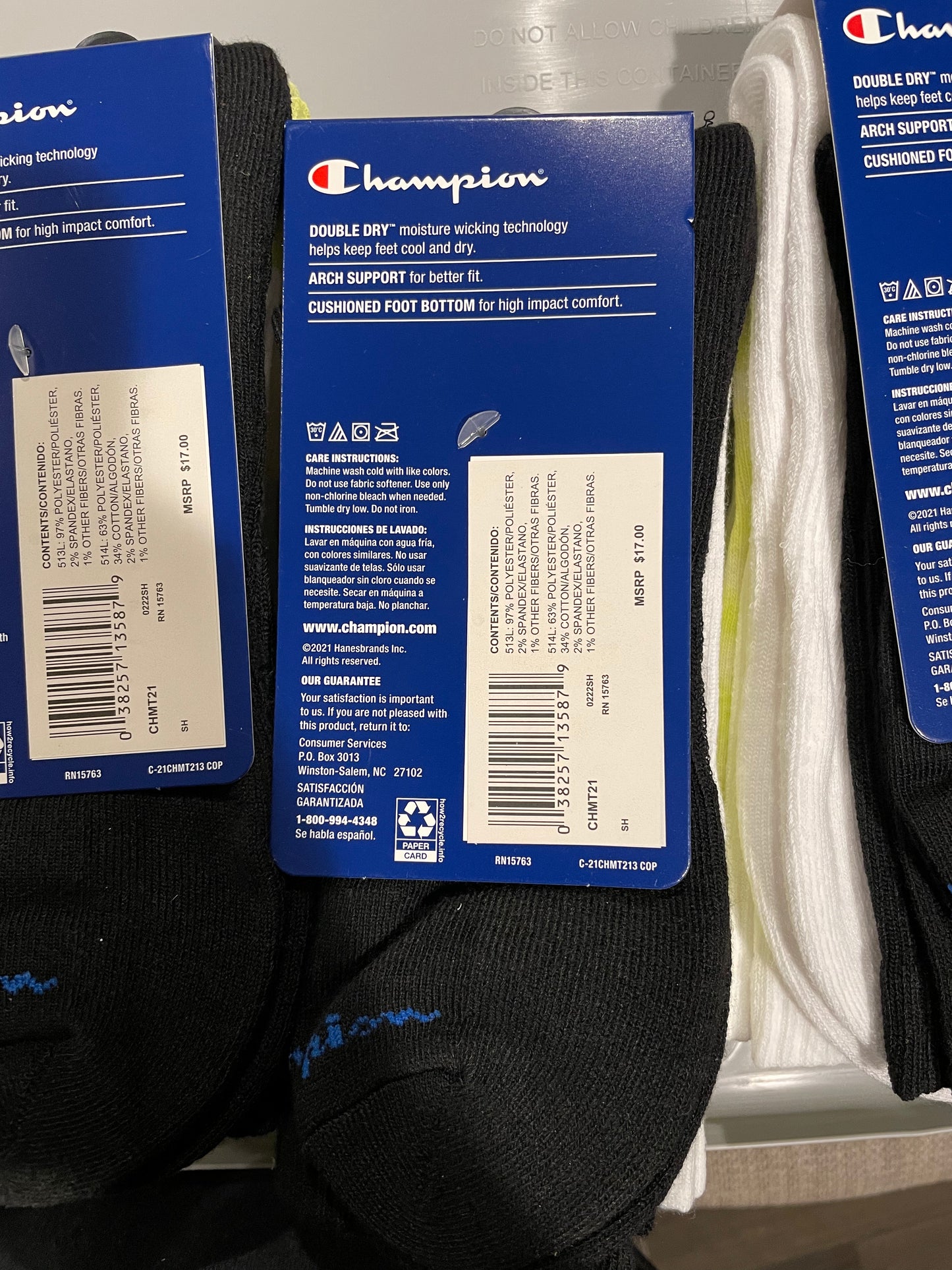 Men’s 3 Pack Champion Double Dry Cushioned Arch Support Socks