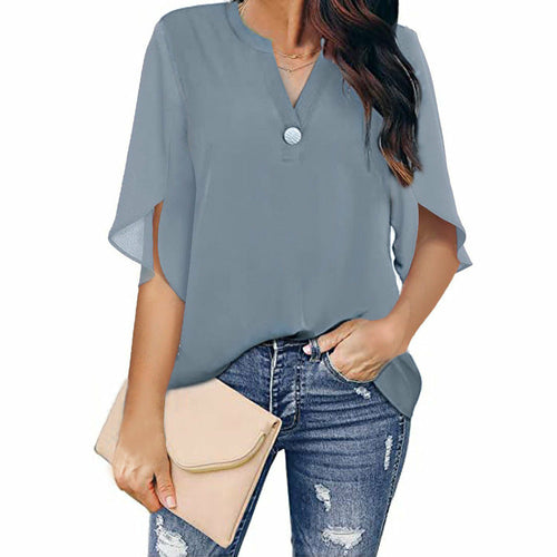 Short Sleeved Solid Color V-neck Chiffon Shirt