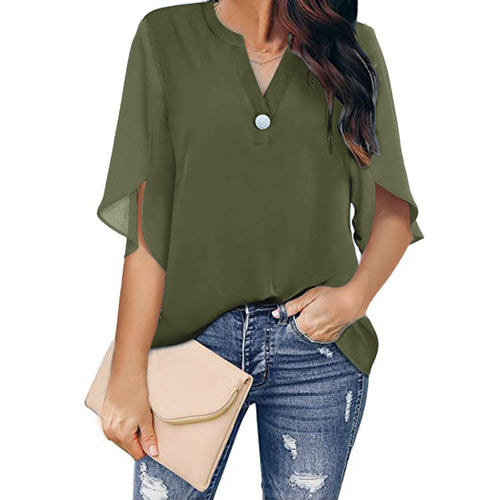 Short Sleeved Solid Color V-neck Chiffon Shirt