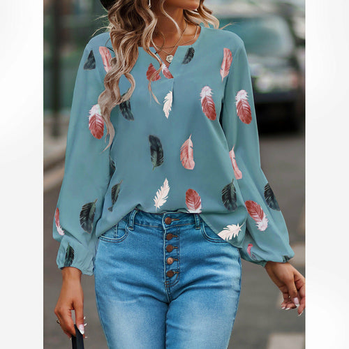 V-Neck Feather Print Long-Sleeved Loose T-Shirt