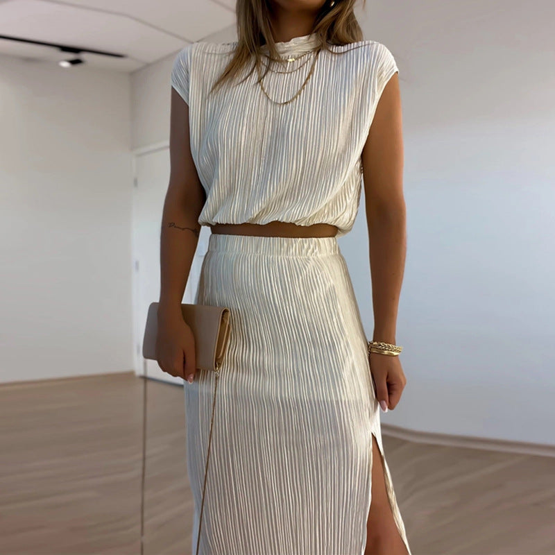 High Neck Pleated Shirt With Midi Skirt Set