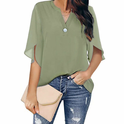 Short Sleeved Solid Color V-neck Chiffon Shirt