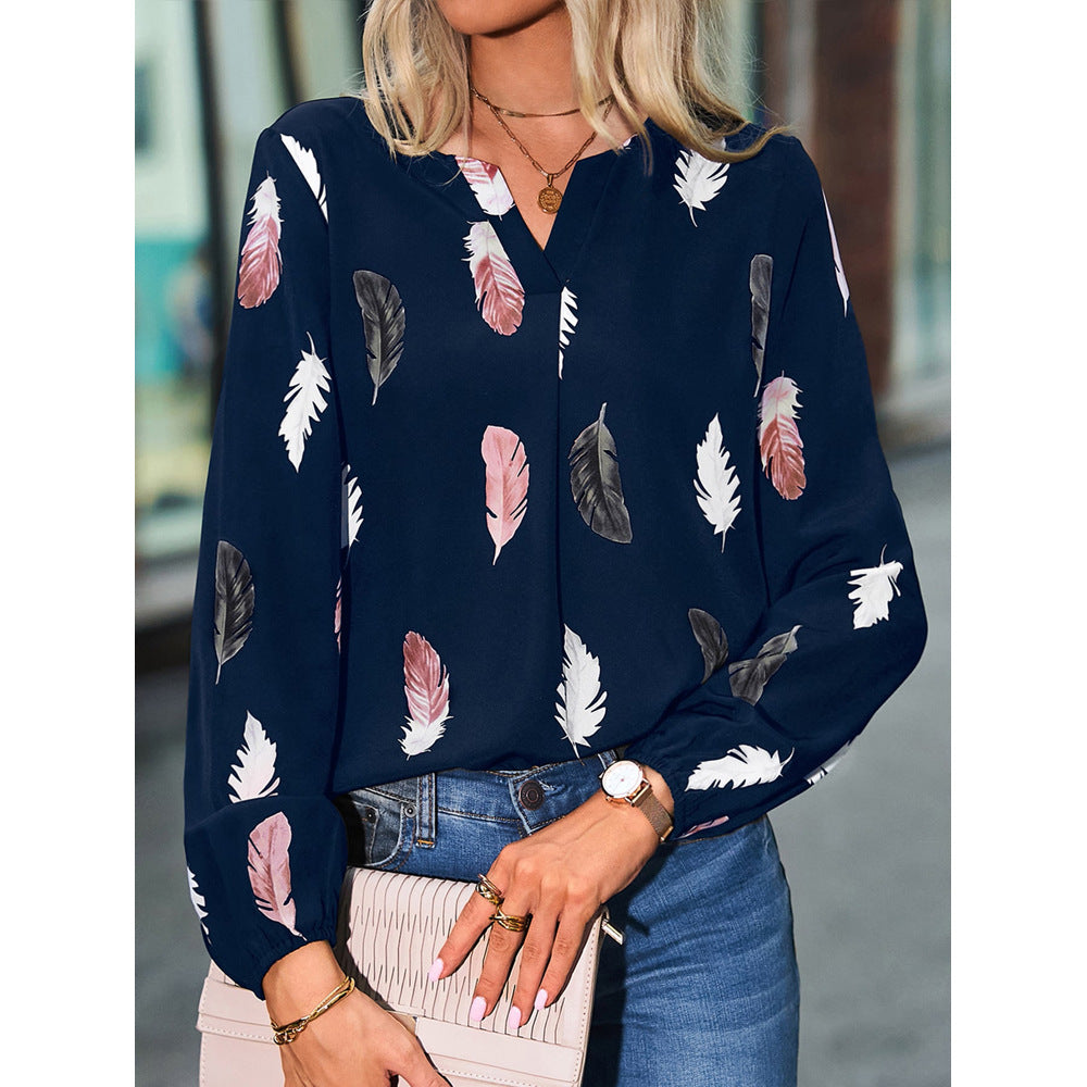 V-Neck Feather Print Long-Sleeved Loose T-Shirt