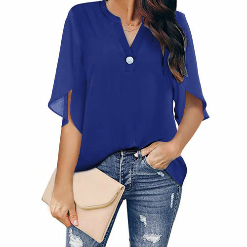 Short Sleeved Solid Color V-neck Chiffon Shirt