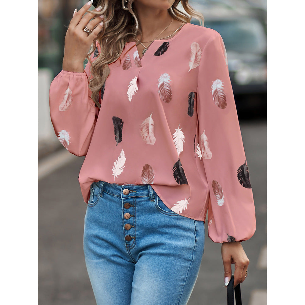 V-Neck Feather Print Long-Sleeved Loose T-Shirt