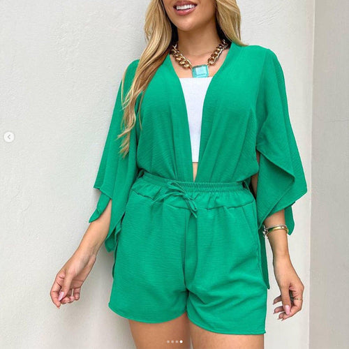 Slit Seven Points Sleeve Cardigan Top Draw Rope Shorts