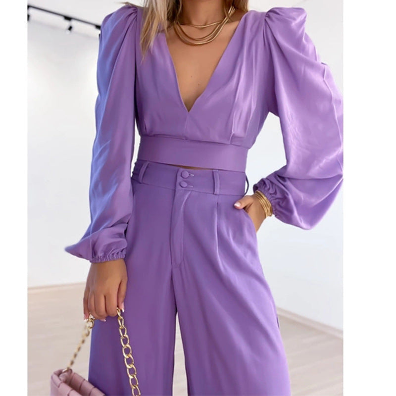 Plus Size V-Neck Long Sleeve Shirt High Waist Wide Leg Pants