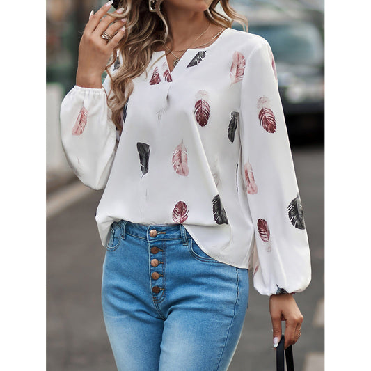 V-Neck Feather Print Long-Sleeved Loose T-Shirt