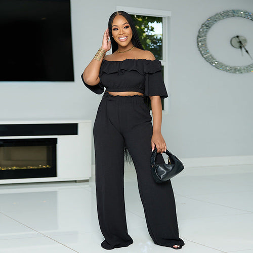 One-Shoulder Ruffled Crop Top and Wide-Leg Pants Set