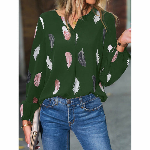 V-Neck Feather Print Long-Sleeved Loose T-Shirt