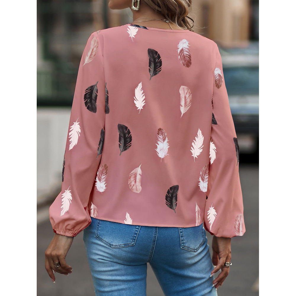 V-Neck Feather Print Long-Sleeved Loose T-Shirt