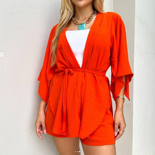 Slit Seven Points Sleeve Cardigan Top Draw Rope Shorts