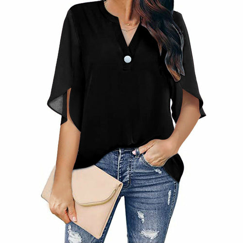 Short Sleeved Solid Color V-neck Chiffon Shirt