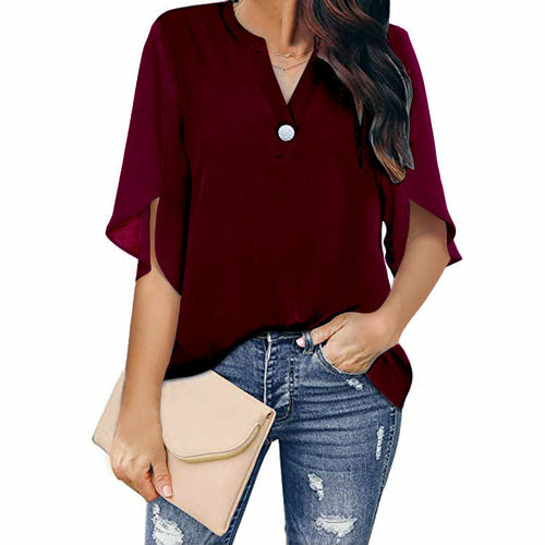 Short Sleeved Solid Color V-neck Chiffon Shirt