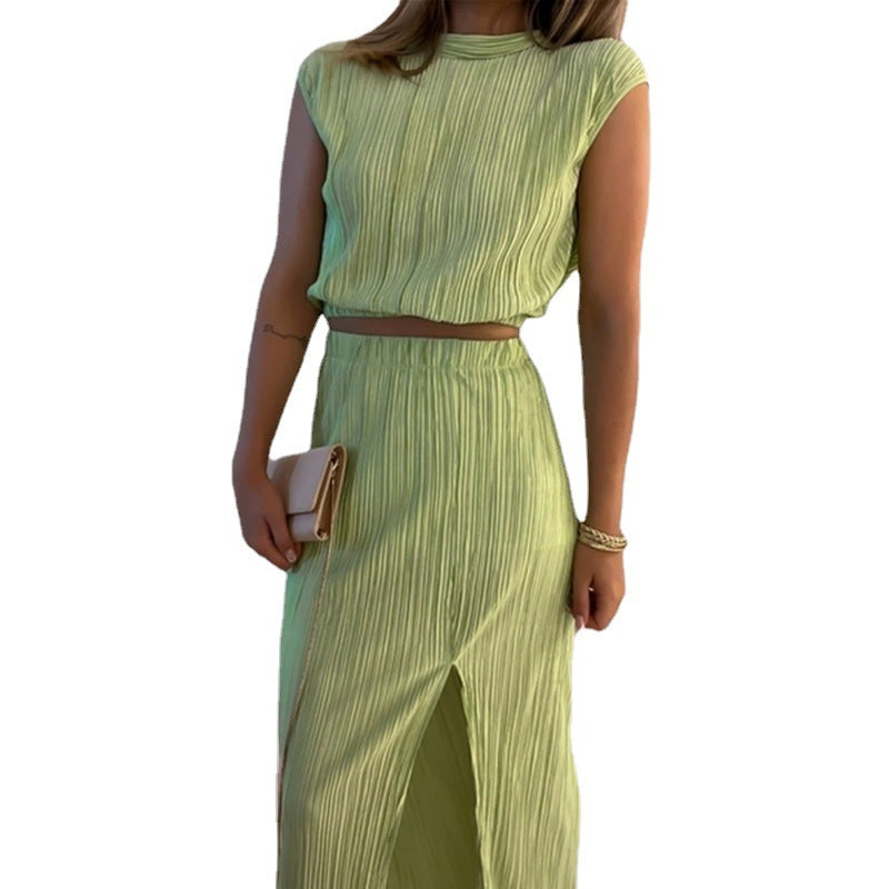 High Neck Pleated Shirt With Midi Skirt Set