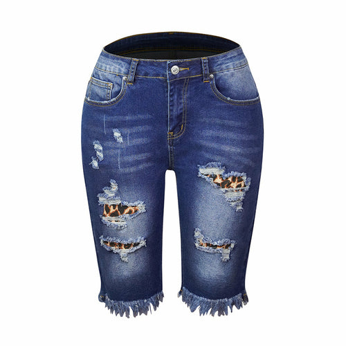 Fringed High Elasticity Mid-Waist Cropped Jeans with Ripped Holes