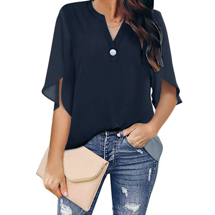 Short Sleeved Solid Color V-neck Chiffon Shirt