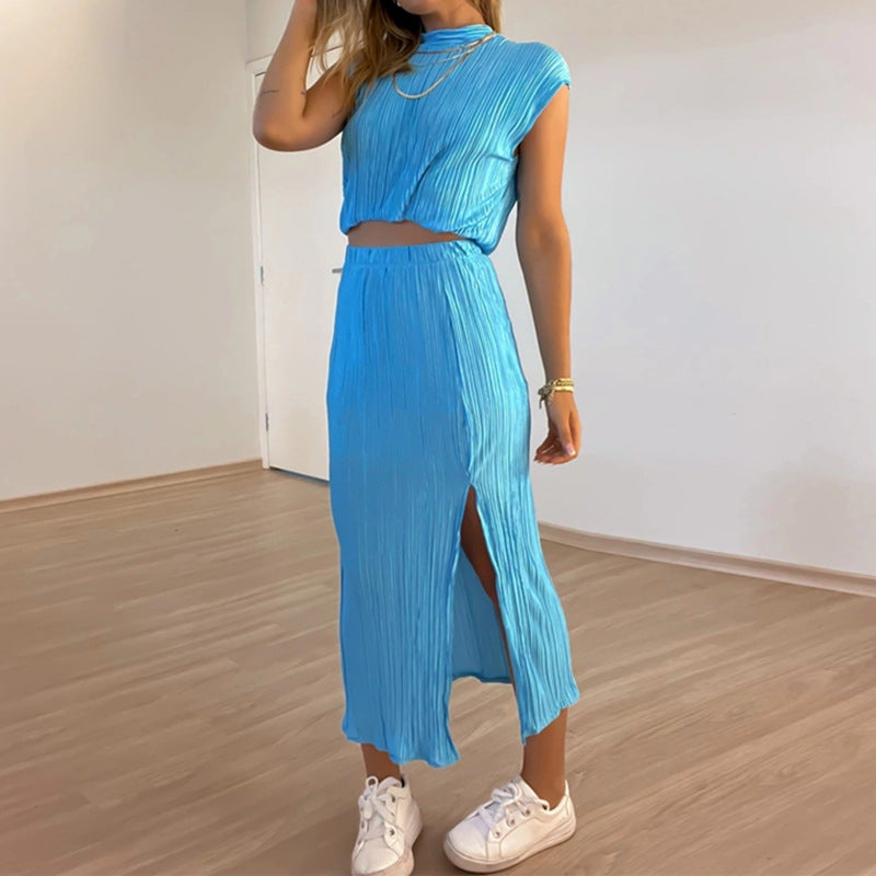 High Neck Pleated Shirt With Midi Skirt Set