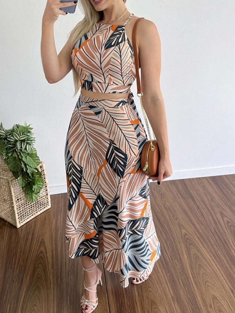 Sleeveless Top And Long Skirt Fashion Print Lace-Up Set