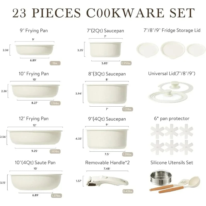 CAROTE 23pcs Pots and Pans Set with Detachable Handles Nonstick Induction Cookware