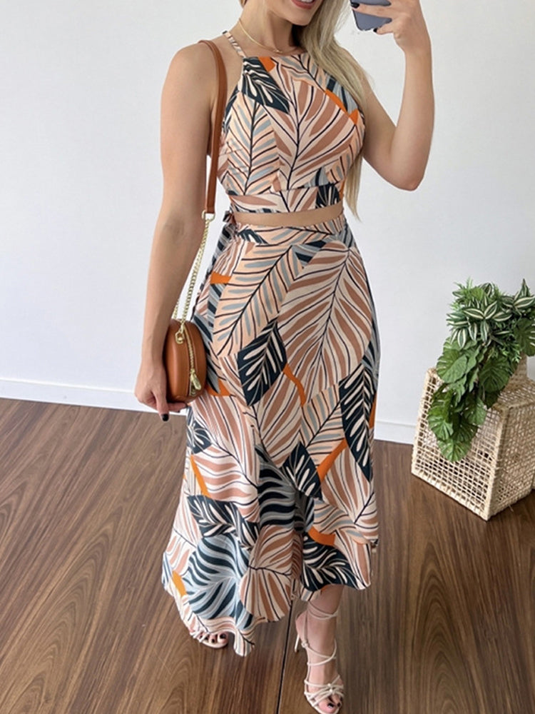 Sleeveless Top And Long Skirt Fashion Print Lace-Up Set