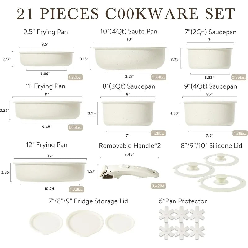 CAROTE 21pcs Detachable Handle Pots and Pan Set, Nonstick Induction Cookware