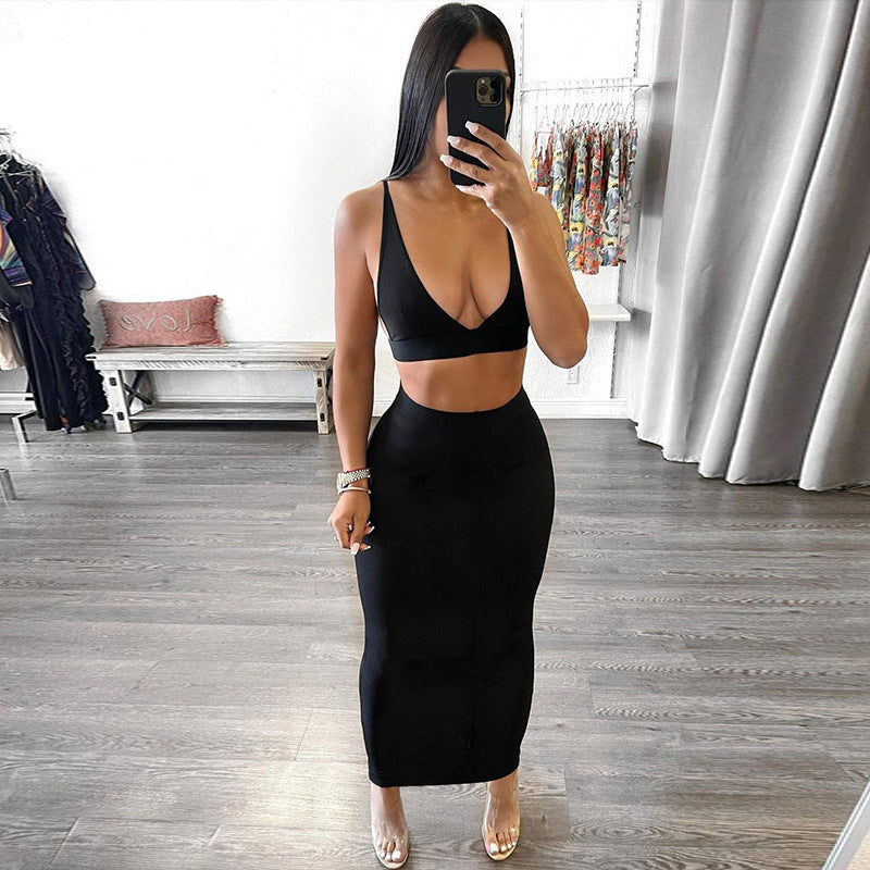 V Neck Black Crop Top And Midi Bodycon Skirt