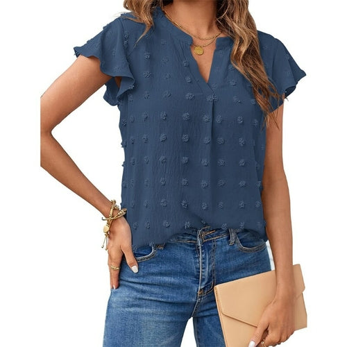 V-neck Ruffled Short Sleeve Shirt