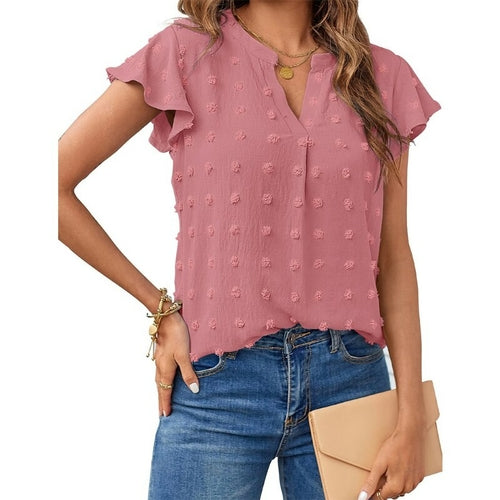 V-neck Ruffled Short Sleeve Shirt