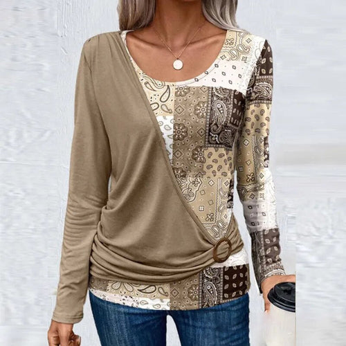 O Neck Pattern Print Patchwork Tops