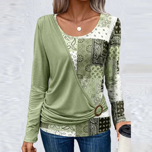 O Neck Pattern Print Patchwork Tops