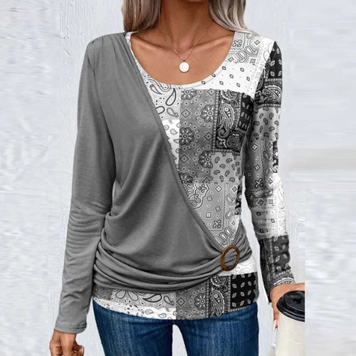 O Neck Pattern Print Patchwork Tops