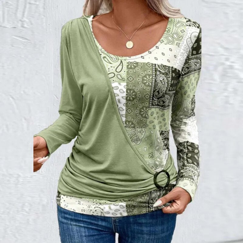 O Neck Pattern Print Patchwork Tops