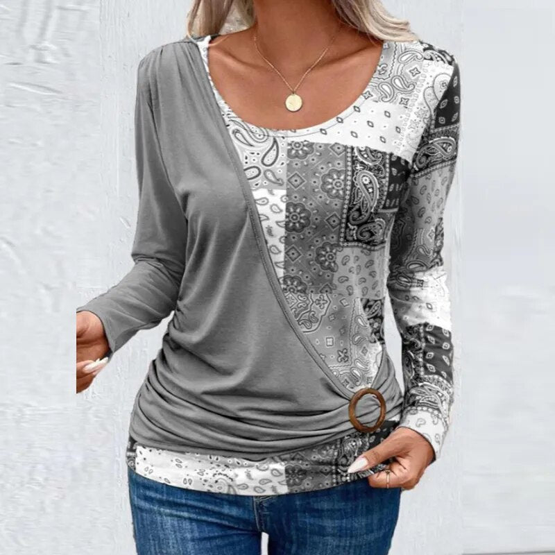 O Neck Pattern Print Patchwork Tops