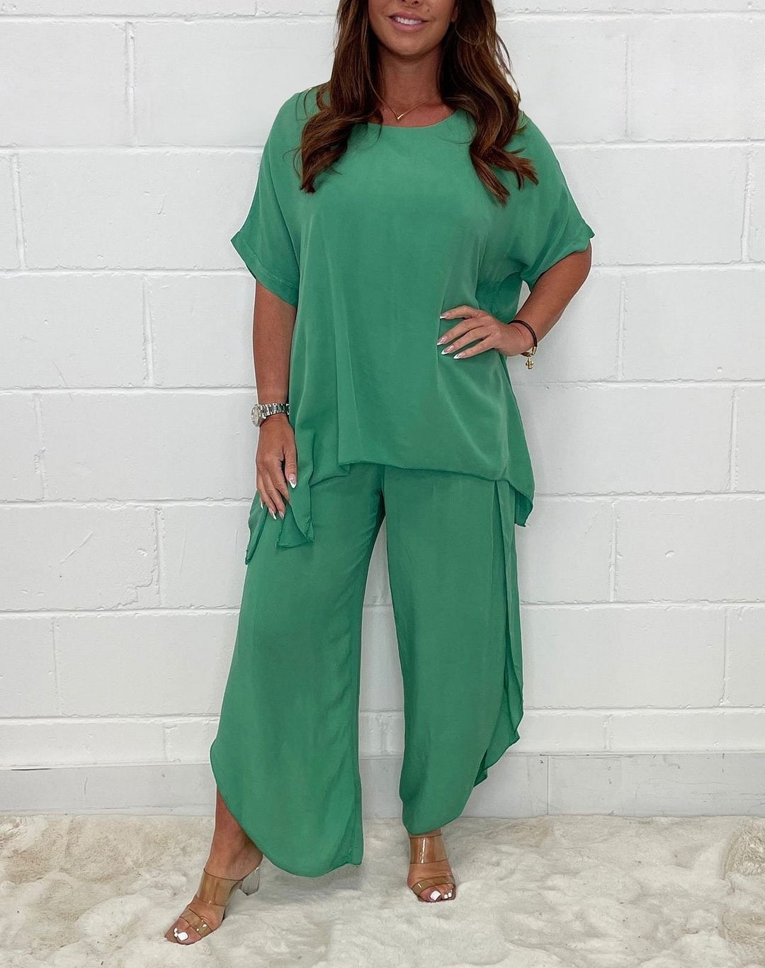 Plus Size O-Neck Short Casual Top and Pant Set