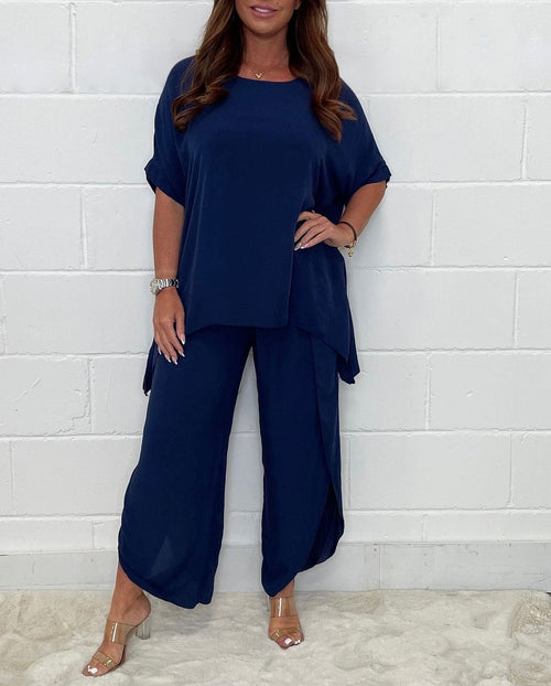 Plus Size O-Neck Short Casual Top and Pant Set