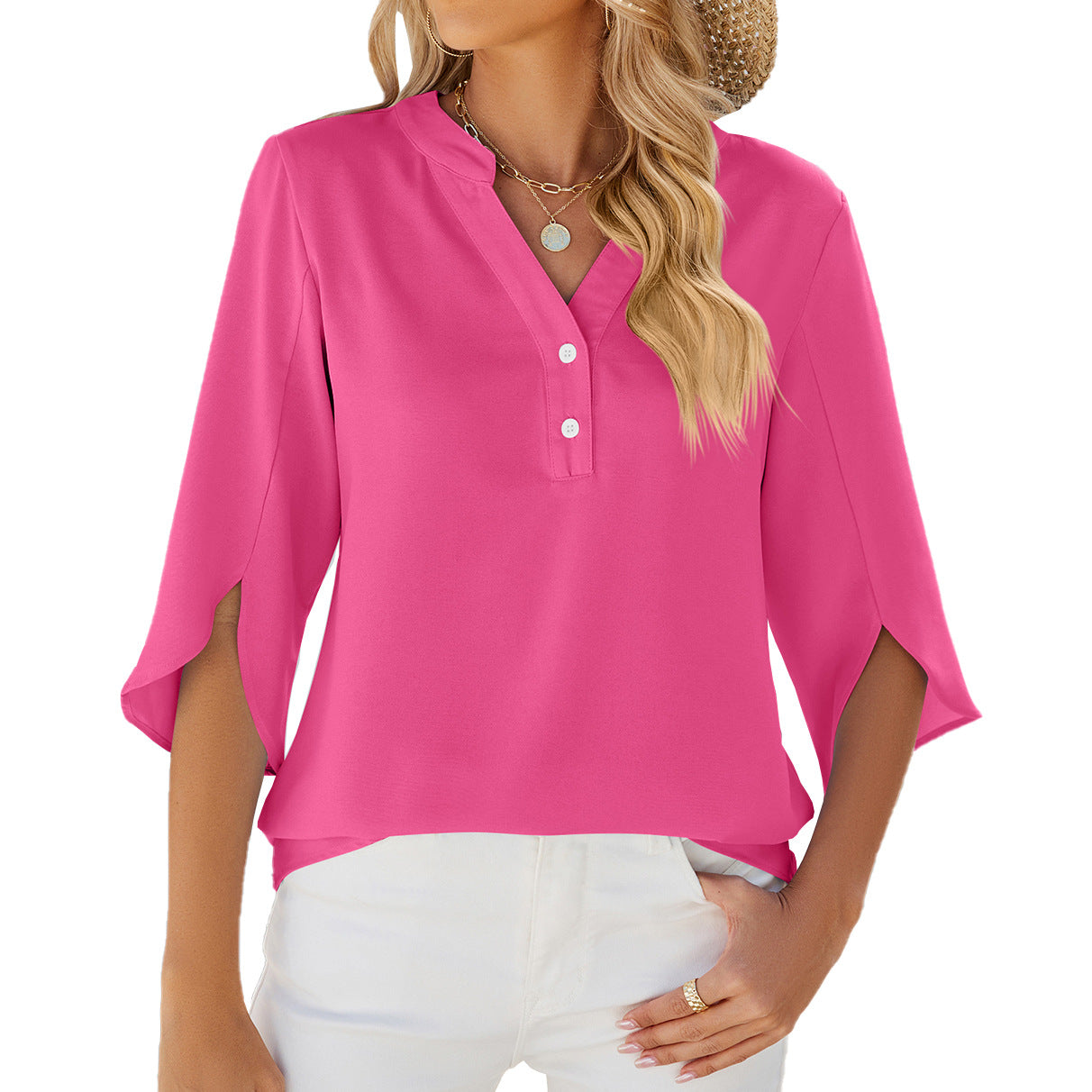 V-neck Button Mid-sleeve Chiffon Shirt Solid Color Top