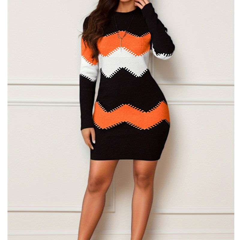 Long Sleeve Printed Knitted Sheath Dress