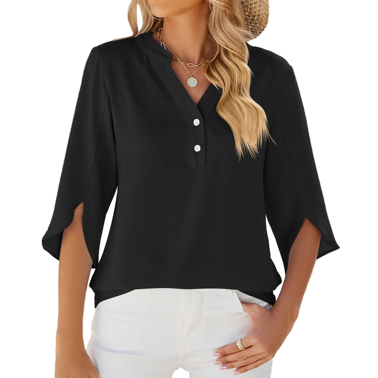 V-neck Button Mid-sleeve Chiffon Shirt Solid Color Top