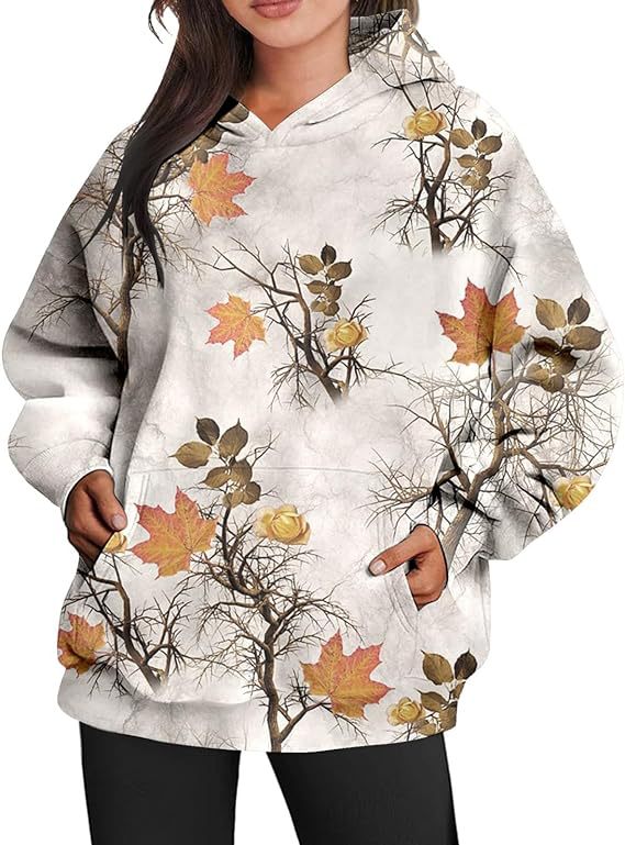 Oversized Camouflage Maple Leaf Print Sports Hoodie With Pockets