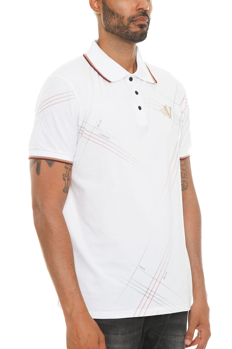 Italian Print Collared Polo Shirt - White Collar