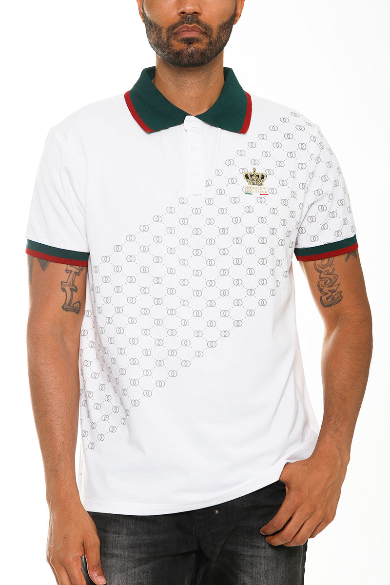 Italian Print Collared Polo Shirt - White